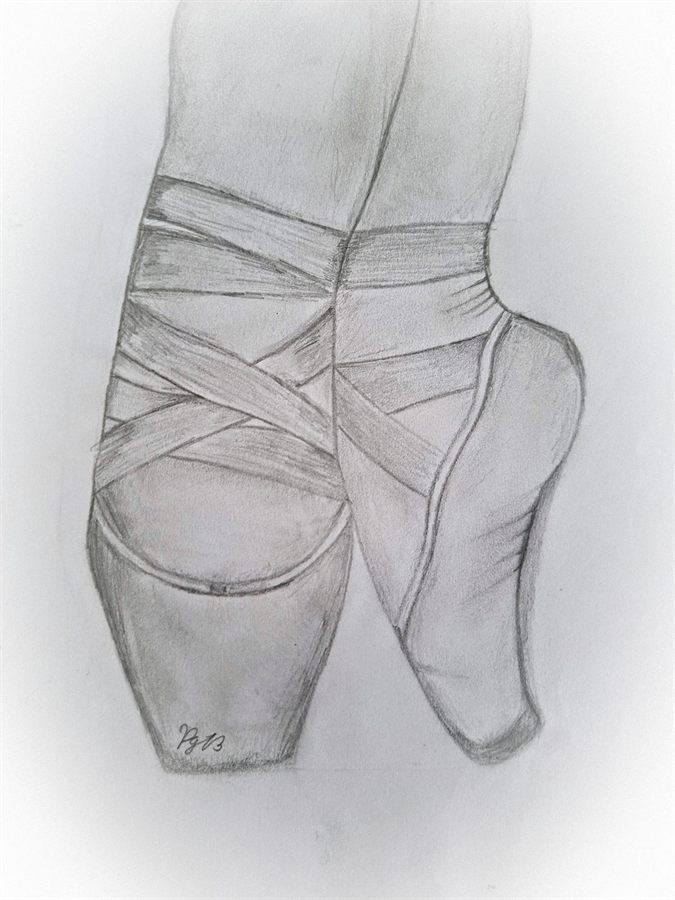 Pencil drawing of ballet shoes titled Beauty in pain