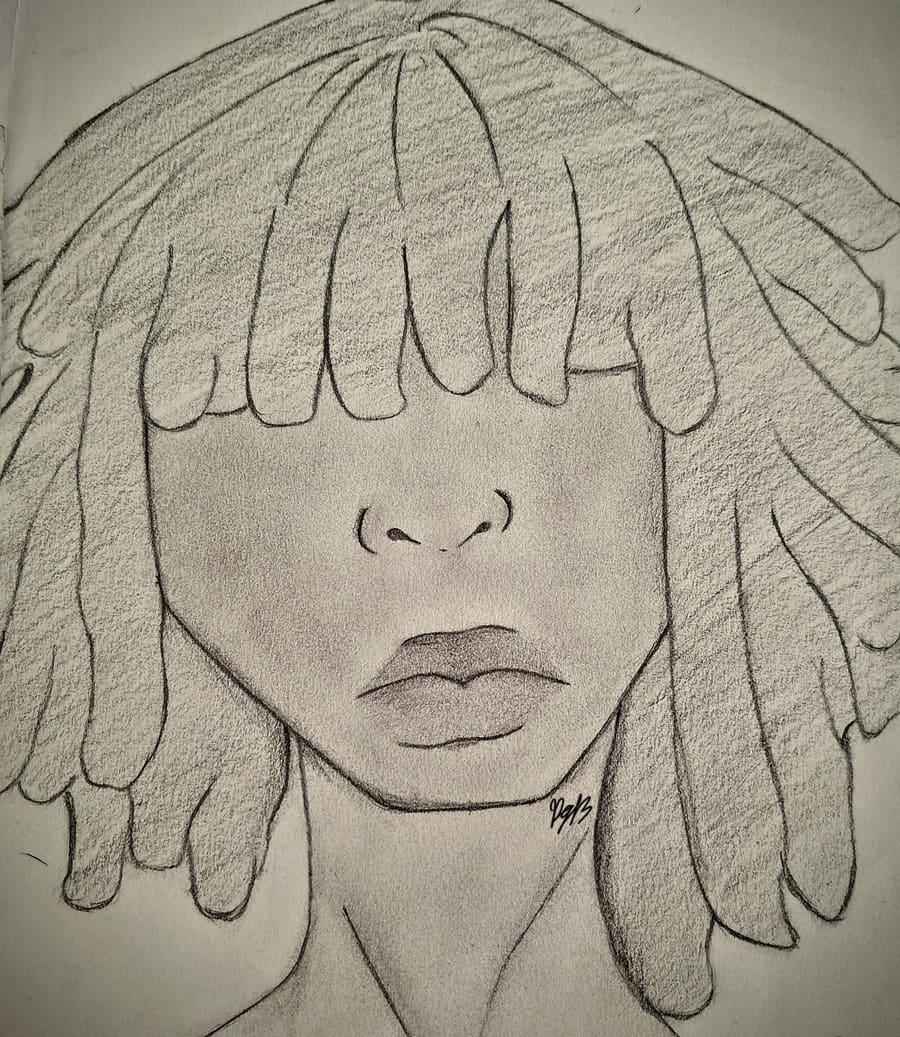 Pencil drawing of a face partly covered by hair titled Behind