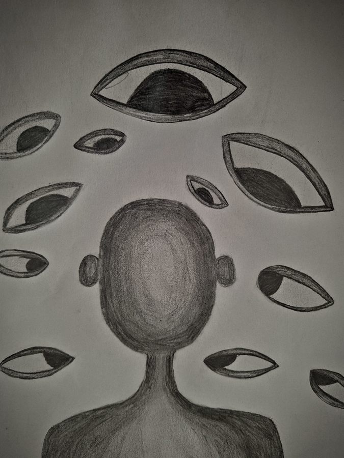 Pencil drawing of a figure surrounded by watching eyes