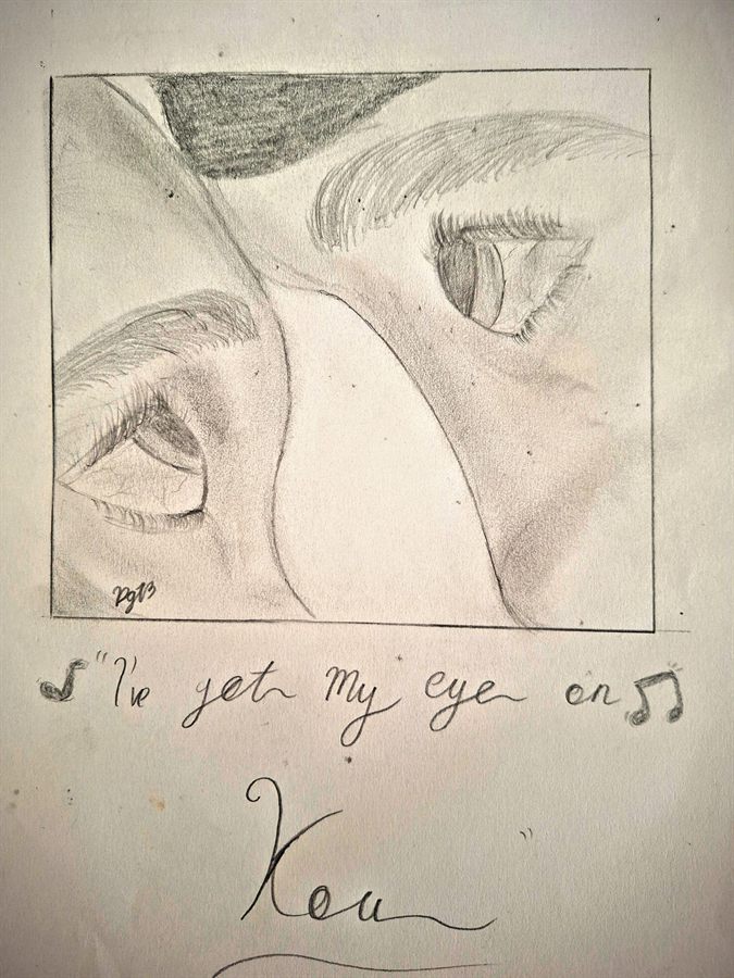 Pencil drawing of two faces close together with visible eyes