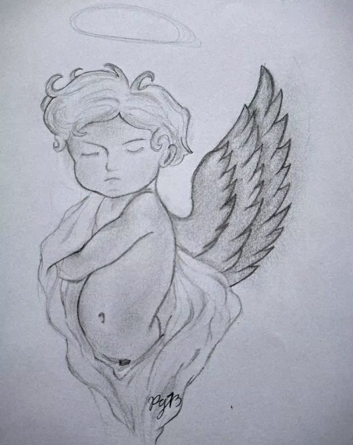 Pencil drawing of a small angel wrapped in cloth with wings and a halo